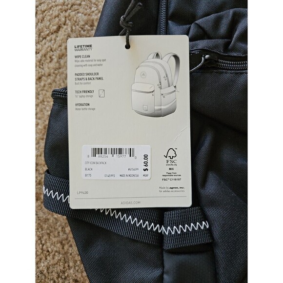 ADIDAS CITY ICON Unisex OSFA 17" Backpack Laptop Black WHITE WIPE CLEAN $60 NWT - Picture 5 of 7